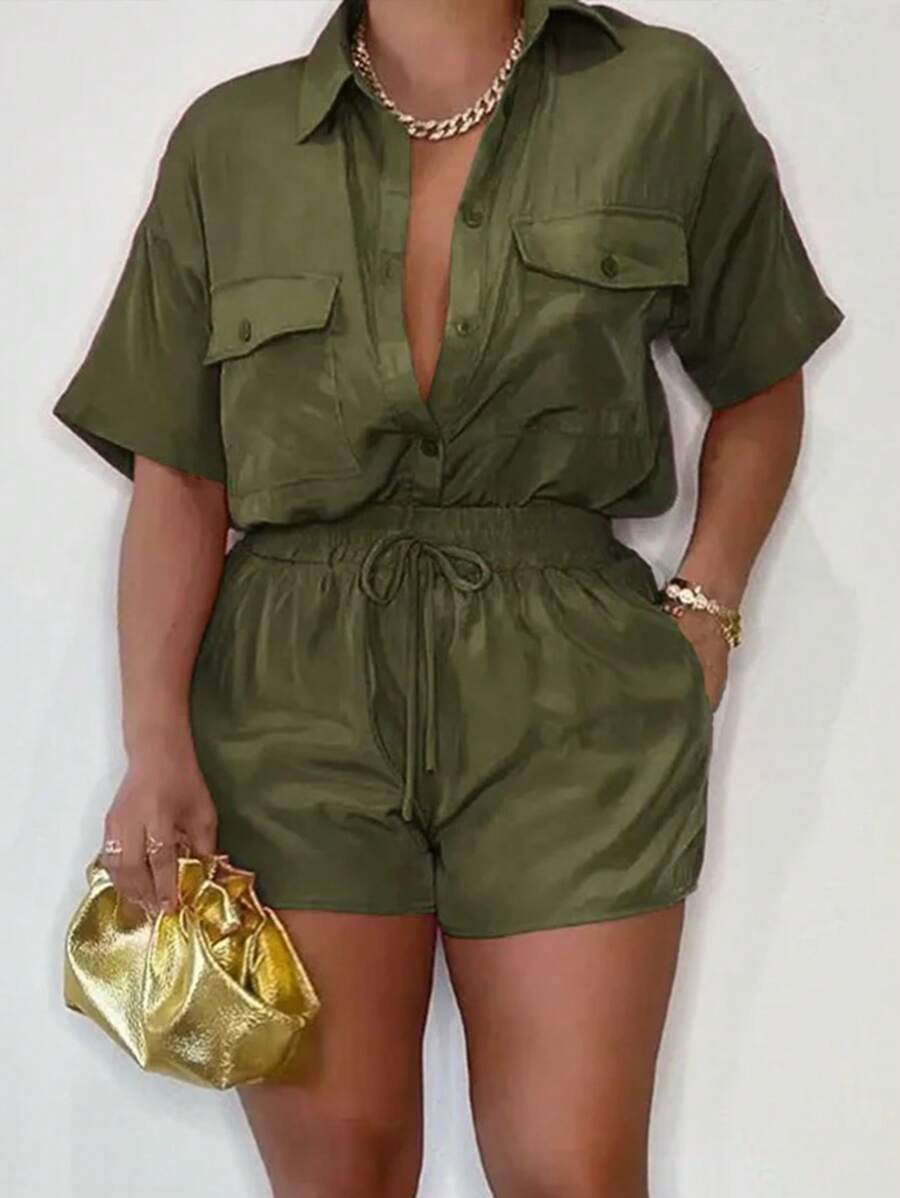 Slaydiva SLAYR Plus Size Casual Style Shirt-Dress Solid Color Loose Two Pieces Outfits Set, Summer - Army Green - View 1