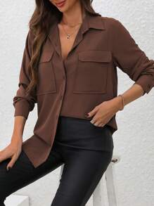 EMERY ROSE 純色下襬領口口袋設計長袖襯衫 - 巧克力棕 - 查看 5