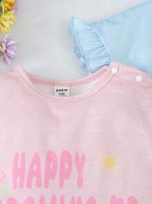 Baby Girl Floral Printed Short Sleeve T-Shirt And Shorts Set With Slogan, Spring/Summer - Multicolor - View 3