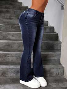 SHEIN PETITE Jeans de mezclilla acampanados con cremallera para mujer