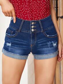 Breezaya Quý cô Đau khổ Quần short Denim Với Túi - Rửa tối - Xem 3