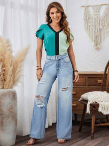 SHEIN LUNE Pantalones Vaqueros De Pierna Recta Desgastados - Lavado ligero - Ver 3