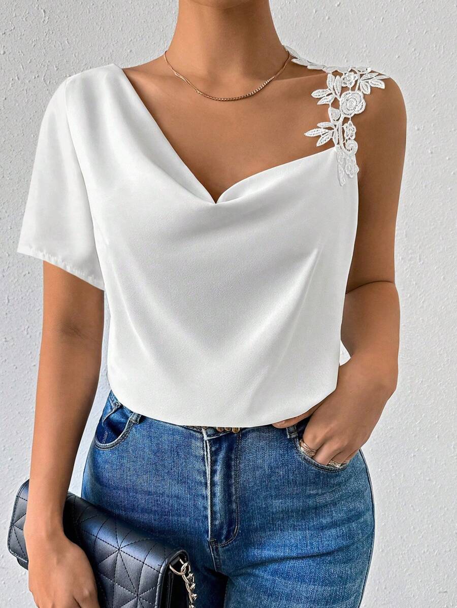 SHEIN Privé 女士不对称垂坠领单肩袖蕾丝拼布衬衫