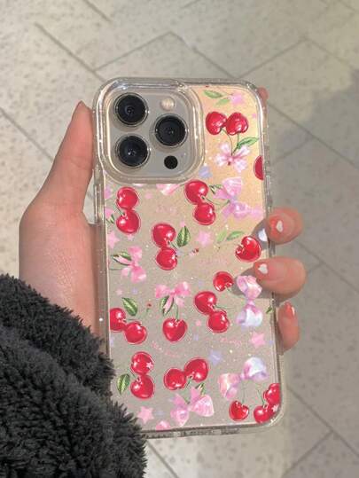 Kawaii 1 pièce étui de téléphone brillant avec nœud à cerise pour iPhone 11 12 13 14 15 Pro Max