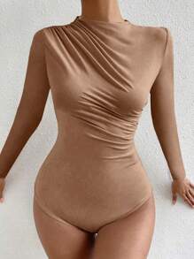 Chiquease Women's Simple Fold Design Long Sleeve Bodysuit Fall Cloth For Women - Brown - View 5