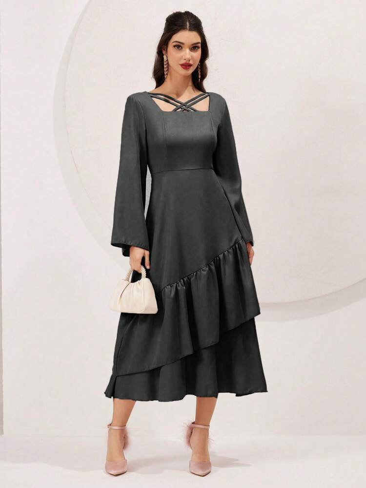 Ladies' Solid Color Asymmetrical Neckline Ruffle Hem Dress Long Evening Dresses Fall Cloth For Women
