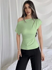 Firerie Áo thun nữ màu xanh lá xếp nếp cổ bất đối xứng thanh lịch & phù hợp đi làm - màu xanh lá - Xem 4