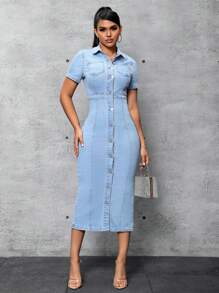 SHEIN SXY 女性淺藍色洗水牛仔襯衫連衣裙 - 淺色水洗藍 - 查看 6