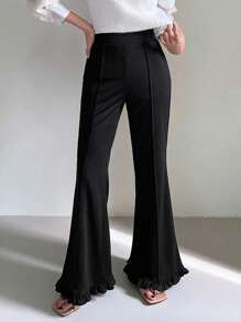 FRIFUL Women's Solid Color Toothpick Slim Fit Flare Pants With Ruffled Hem