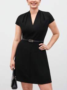 BizChic Plus Size Women'S Solid Color Work Fold Pleated V-Neck Dress - Black - View 8