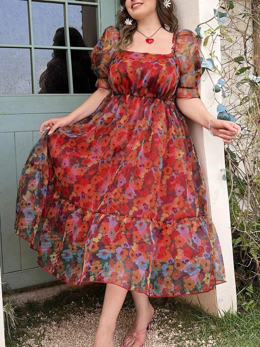 Flirla 大尺碼女士花卉印花方領短泡袖泡泡裙