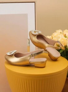 Sandalias De Tacón Alto Para Niños Con Diseño Elegante De Hebilla Para Fiestas - Dorado - Ver 4