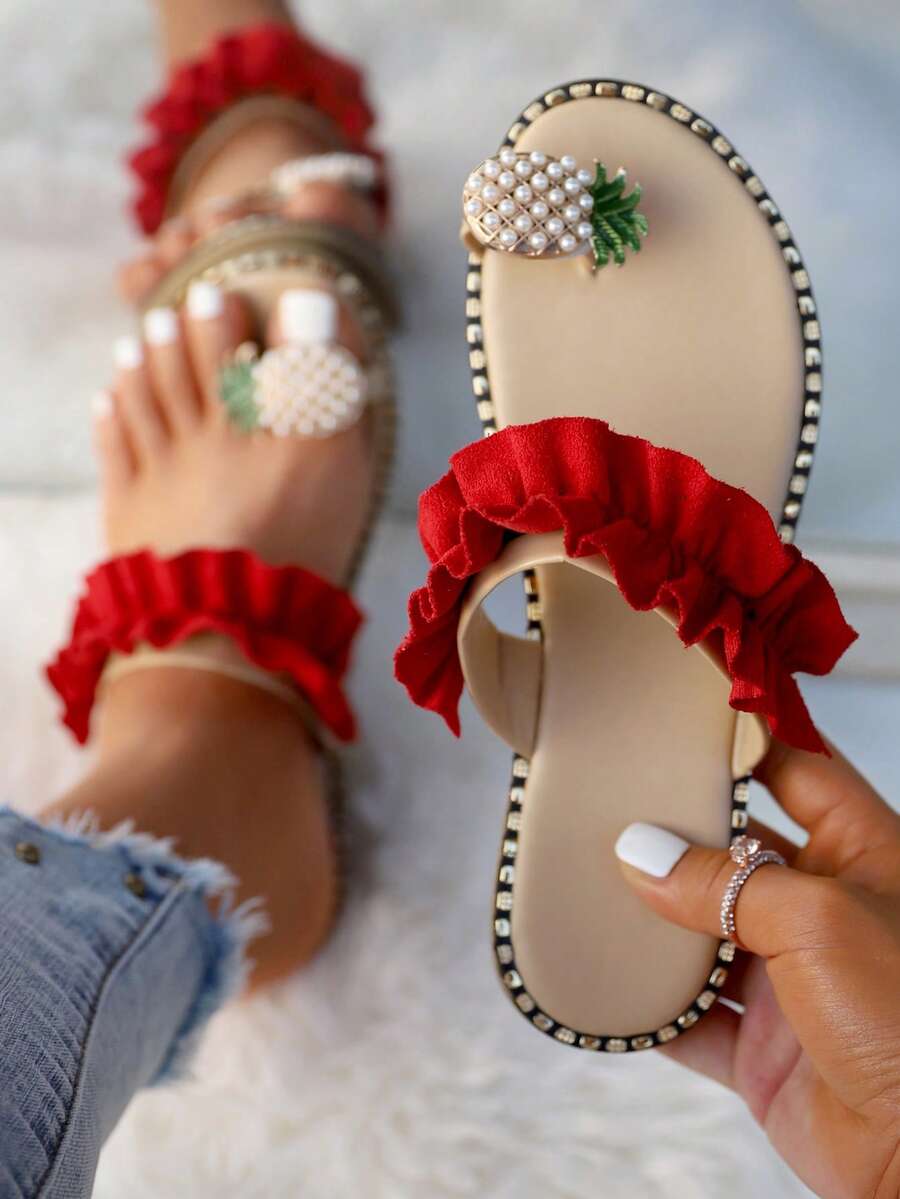 夏季红色新款珍珠和水果点缀露趾丁字裤女士平底凉鞋 - 紅色 - 查看 1