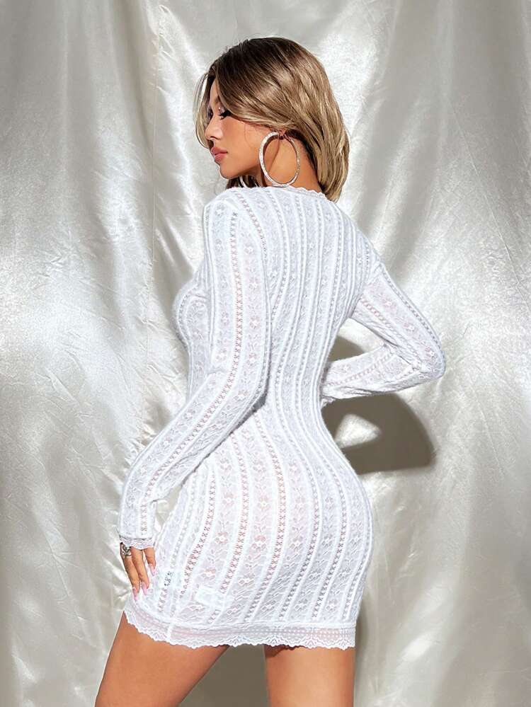 Women's Summer Music Festival Fashionable White Lace Flower Patterned Long Sleeve Dress