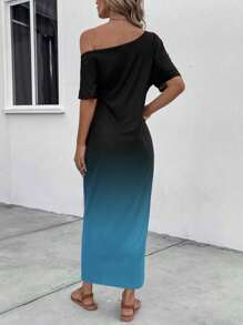 EMERY ROSE Women's Fashion Blue-Black Ombre Short Sleeve Asymmetrical Neck Dress