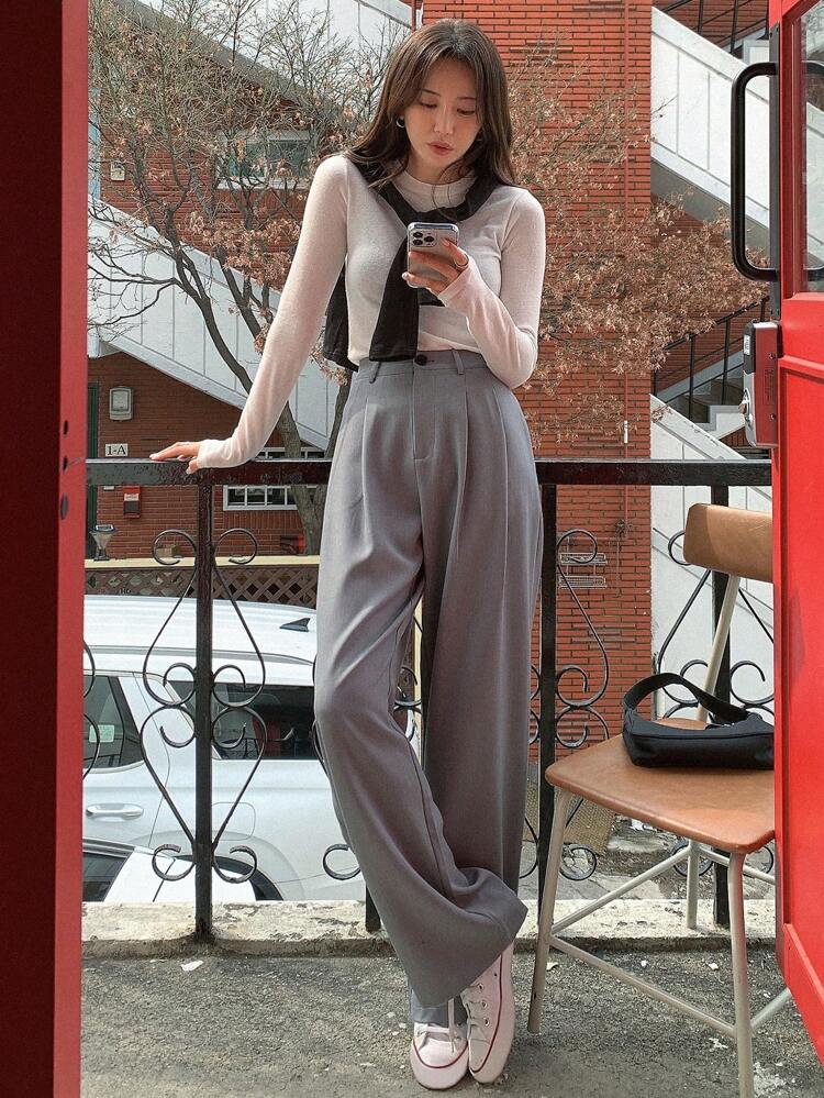 Women's Solid Color Pleated Straight-Leg Casual Business Pants,Women Dress Pants Fall