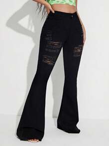 女式休闲纯色做旧喇叭牛仔裤 - 黑色 - 查看 6