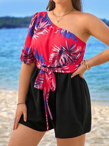 SHEIN VCAY Plus Size Women Summer Holiday Tropical Plant Printed Color Block Romper With One Shoulder Short Sleeve - Multicolor - View 3