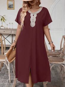 SHEIN LUNE Kích thước lớn Của phụ nữ Lỏng lẻo phù hợp Ngắn tay Đầm Với Đã vá Thắt lưng - Màu Đỏ Sâu - Xem 4