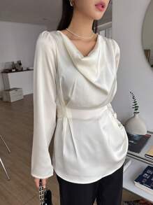 DAZY Áo cánh cổ xếp ly màu trơn dành cho nữ, phong cách công sở thường ngày, tay dài - Màu be - Xem 3