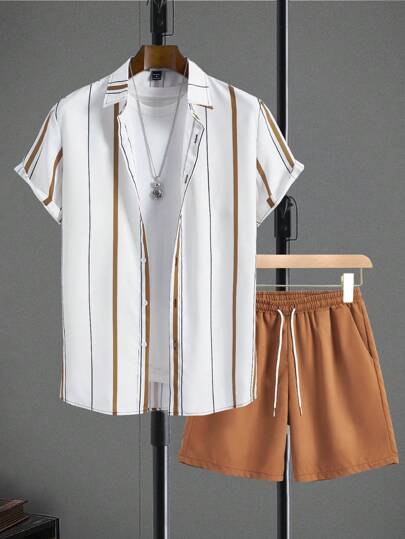 Manfinity Homme Ensemble Chemise À Manches Courtes Et Short Imprimé À Rayures Pour Homme