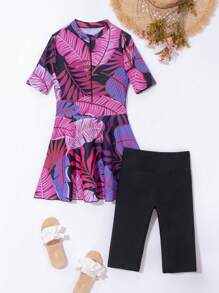 Swim Mulvari Summer Beach Tropical Print Zip Front Burkini Set Arabic Clothing - Multicolor - View 5