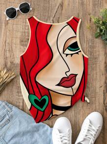 EMERY ROSE Women's Summer Vacation Printed Tank Top With Face Print - White - View 6