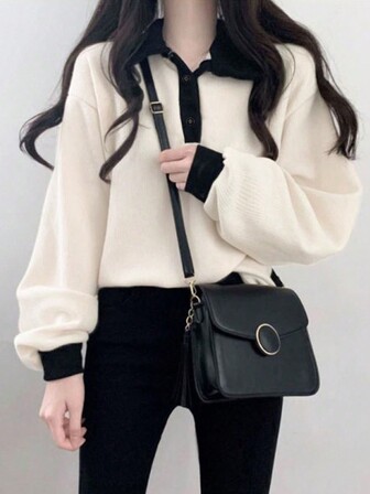 宽松纽扣半开领拼色长袖 T 恤