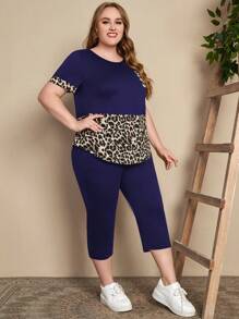 EMERY ROSE 加大码女式夏季豹纹短袖T恤和七分紧身裤两件套 - 藏蓝色 - 查看 4