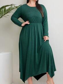 Mulvari Plus Size Solid Color Round Neck Pleated Long Sleeve Casual Dress