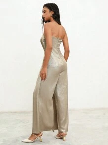 Anewsta 光澤廣腿無肩帶連體褲 - 金色 - 查看 2