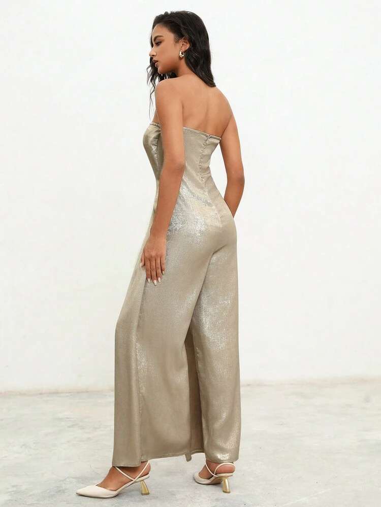 Glossy Wide Leg Strapless Jumpsuit