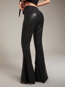 SHEINNeu 女式亮片高腰喇叭裤，配钩眼扣 - 黑色 - 查看 4