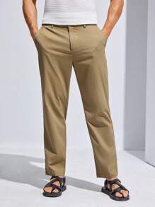 Manfinity Homme Men's Casual Straight-Leg Suit Pants With Diagonal Pockets - Khaki - View 1