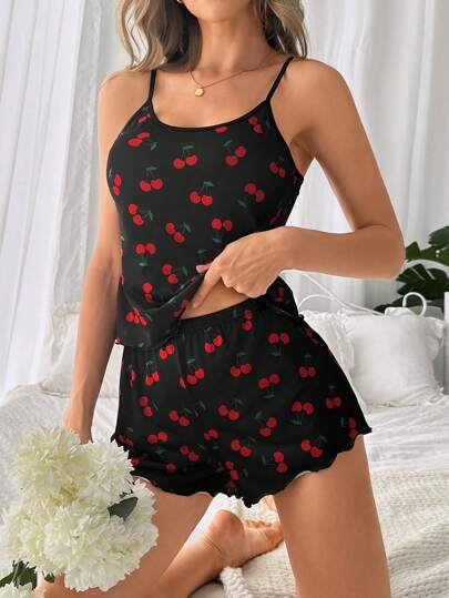 Conjunto De Pijama De Cami Con Detalles De Volantes Y Estampado De Cerezas En La Parte Superior Y Pantalones Corto