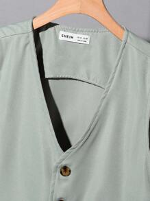 SHEIN 3 Piezas/ Conjunto Camisa De Manga Corta Con Cuello De Solapa, Chaleco Y Pantalones Cortos Sólidos De Niño Preadolescente Con Estilo Caballero