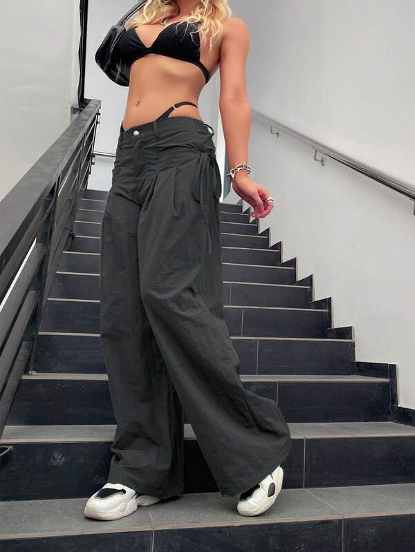 Drawstring Side Parachute Wide Leg Pants