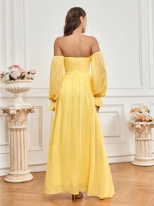 SHEIN Belle Ladies' Off Shoulder Split Bridesmaid Dress - Yellow - View 2