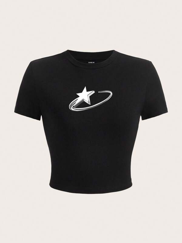 SHEIN EZwear 休闲简约五角星图案圆领短袖修身女式T恤，含棉，适合夏季