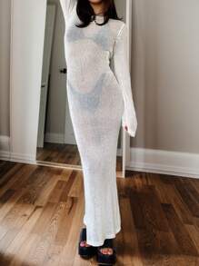 SHEIN EZwear White See-Through Mesh Bodycon Sundress For Women - White - View 5