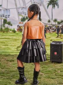 SHEIN Young Girl Music Festival 2pcs/Set Pu Fringe Camisole Top And Pu Skirt Suit, Suitable For Daily Party Performance, Summer