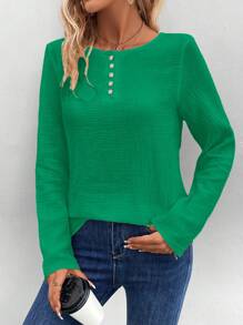 EMERY ROSE Textured Button Up Half-Placket Long Sleeve Shirt - Green - View 3