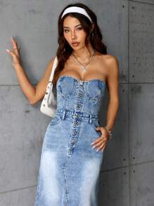 SHEIN ICON Strapless Washed Denim Dress With Side Slit - Medium Wash - View 6