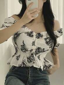 Blusa corta con cuello y mangas con volantes, diseño lindo y femenino para mujer, verano 2025