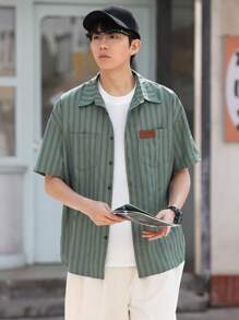 DAZY Men's Striped Button-Front Short Sleeve Shirt With Letter Patch, Summer