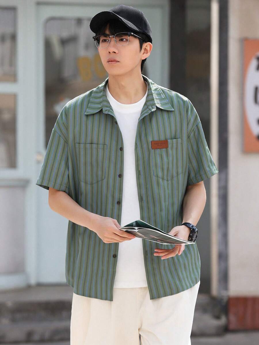 DAZY Men's Striped Button-Front Short Sleeve Shirt With Letter Patch, Summer