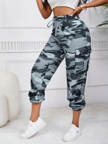 SHEIN Unity Cargo Pants With Camouflage Print And Multiple Pockets - Dusty Blue - View 5