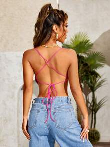 SHEIN VCAY Solid Lace Up Back Bandana Sexy Backless Women Beach Cami Summer Crop Top