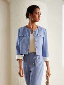 MOTF PREMIUM LINEN CONTRAST CUFF BUTTON PLACKET JACKET - Blue - View 10