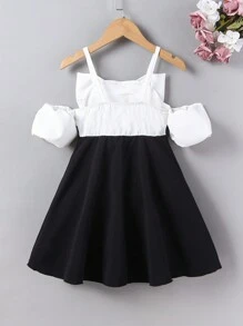 SHEIN Young Girl Cold Shoulder Puff Sleeve Dress With Bow, Black & White Party & Travel & Performance Hostess Dress,Holiday,Summer,Travel